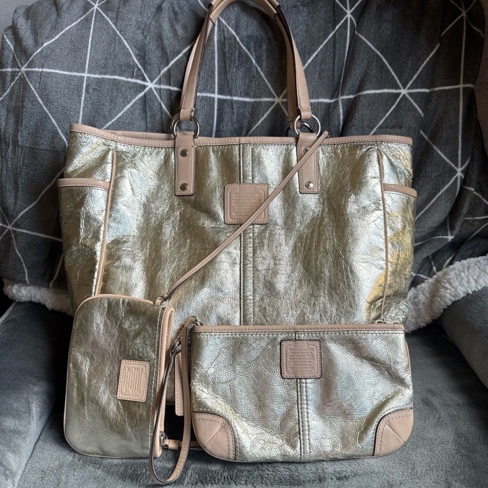 Coach Metro Metallic Champagne Gold Tote & Two Matching Wristlets